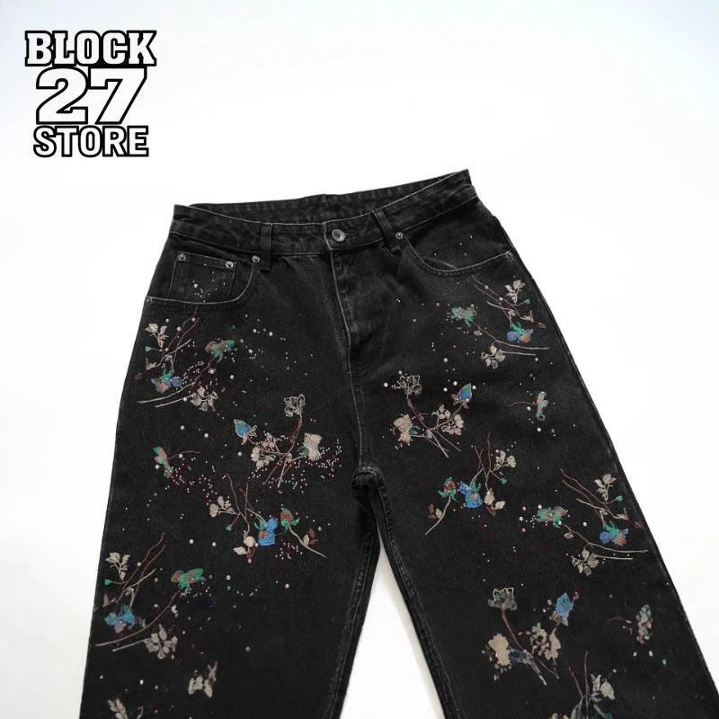 Hip Hop Vintage Floral Embroidered Jeans Unisex Y2k Streetwear High Street Loose Wide Leg Denim Pants Casual Harajuku Trousers