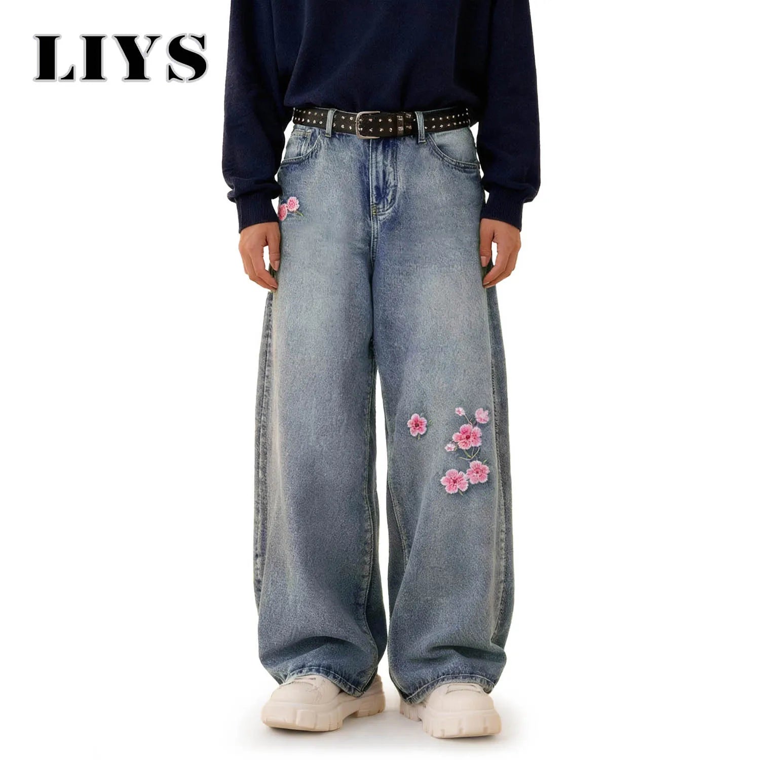 LIYS American Street Embroidered Baggy Wide-leg Jeans Unisex Trendy Korean Style Cherry Blossom Embroidery Distressed Denim Pant