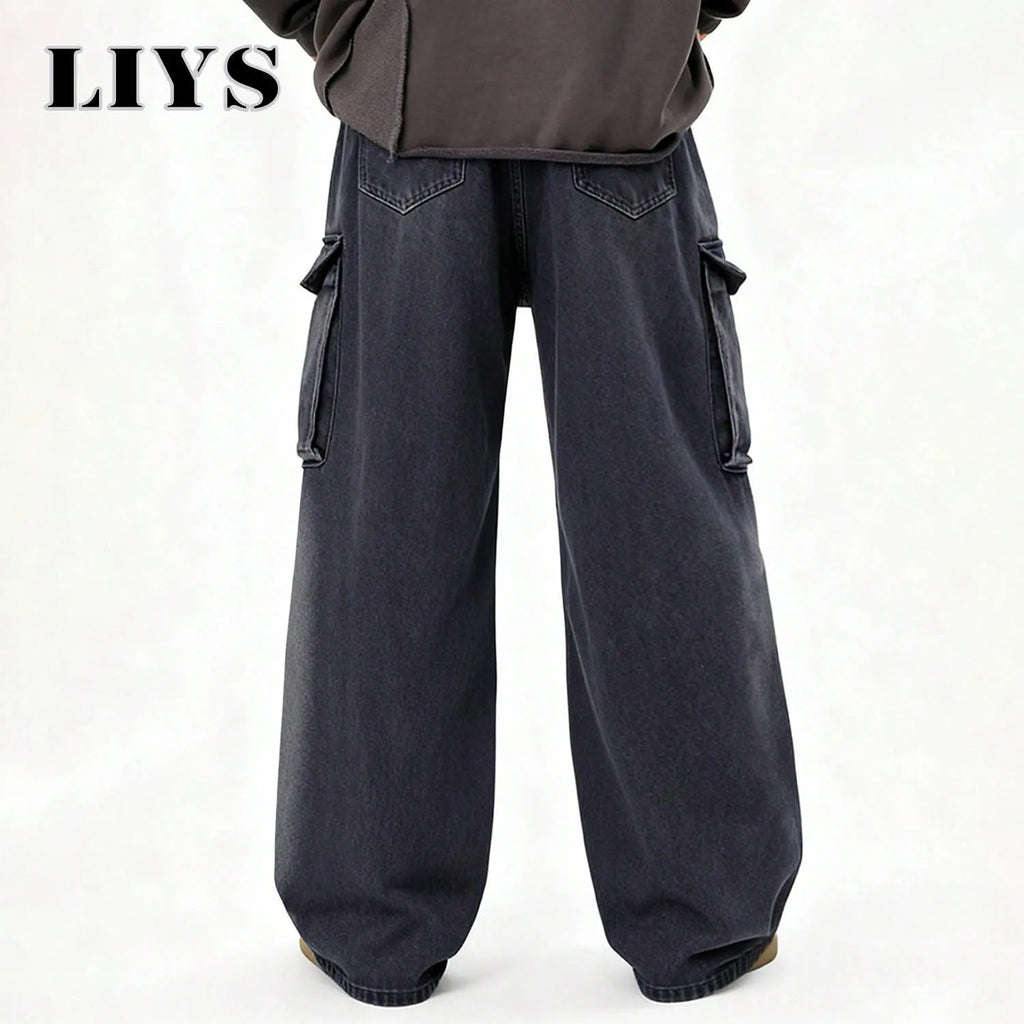 American Retro High Street Black Gray Baggy Wide Leg Men's Jeans Multiple Pockets Heavy-Duty Washed Workwear Denim Pants Unisex