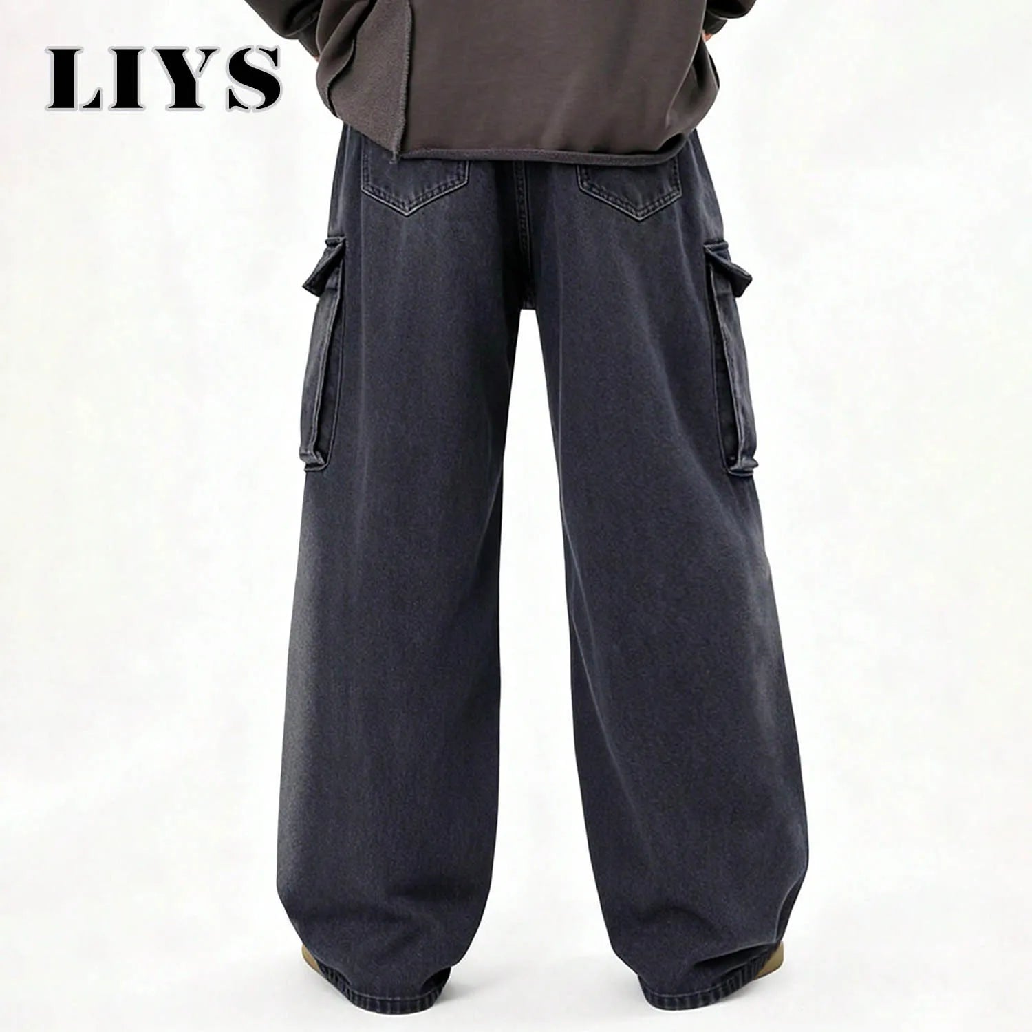American Retro High Street Black Gray Baggy Wide Leg Men's Jeans Multiple Pockets Heavy-Duty Washed Workwear Denim Pants Unisex