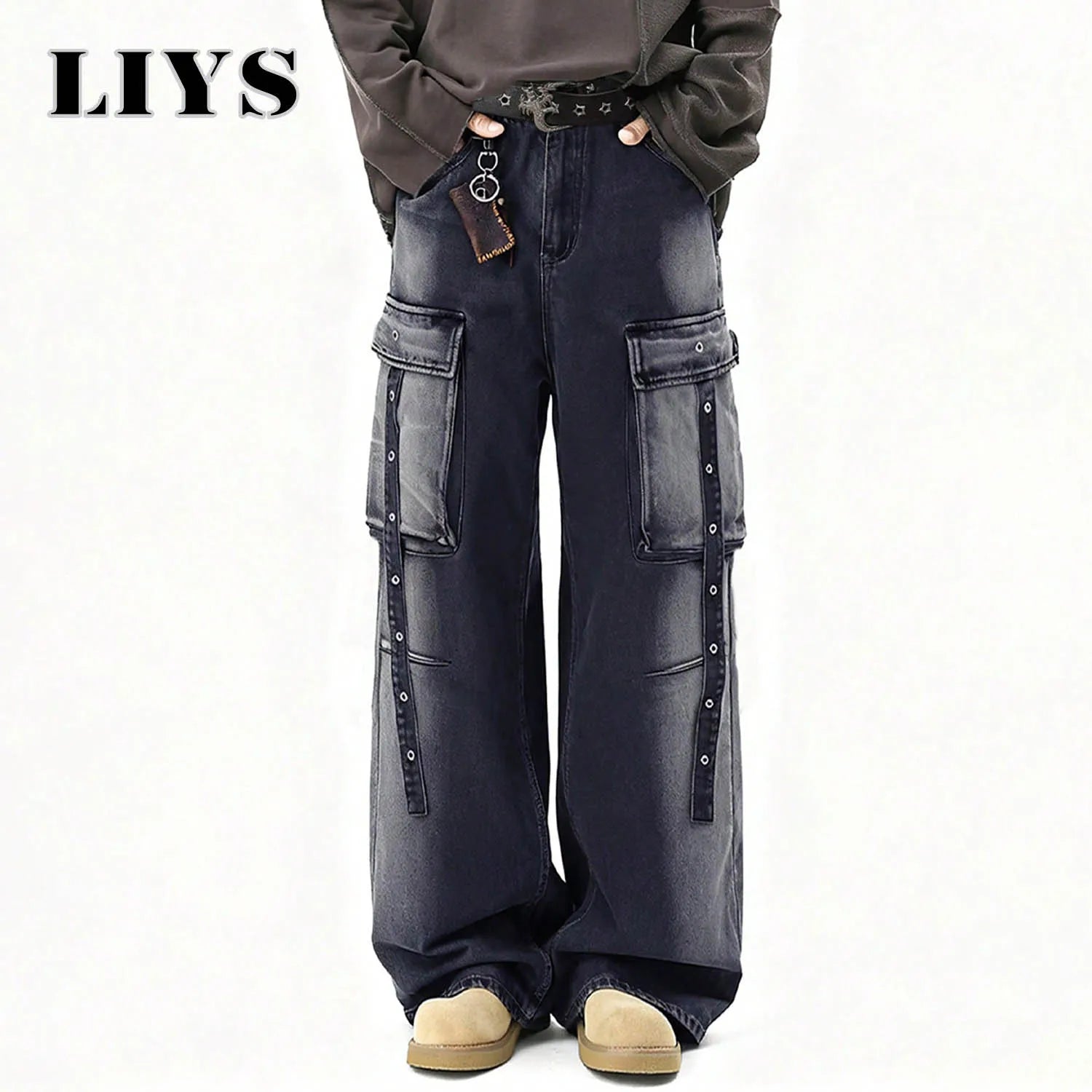 American Retro High Street Black Gray Baggy Wide Leg Men's Jeans Multiple Pockets Heavy-Duty Washed Workwear Denim Pants Unisex