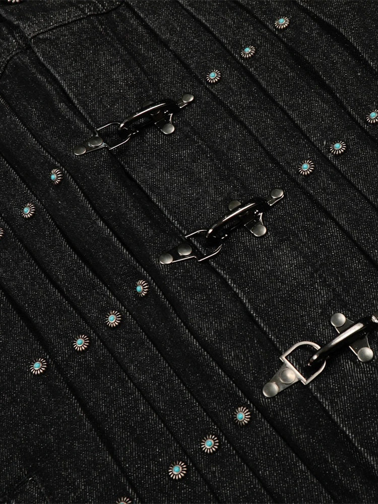 Mens Jacket Punk Vintage Streetwear Black Denim Short Coat Metal Buckle Studded Design Pleated Detail Retro Cool Hip Hop Fashion