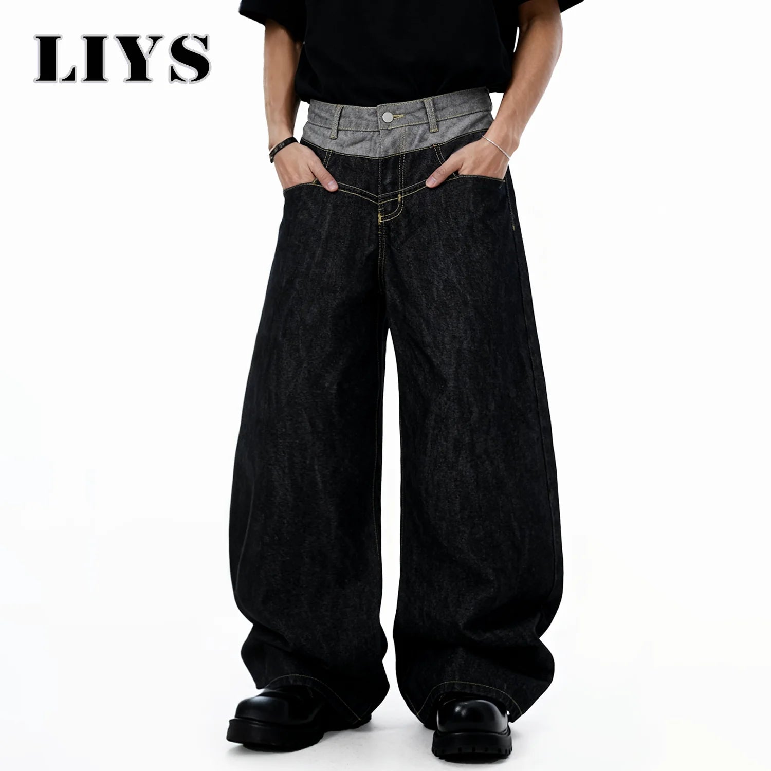 Men's Retro Double Waist Design Baggy Wide Leg Jeans Street Design Denim Pants Gothic loose Machete Wide Leg Jean Unisex Clothes