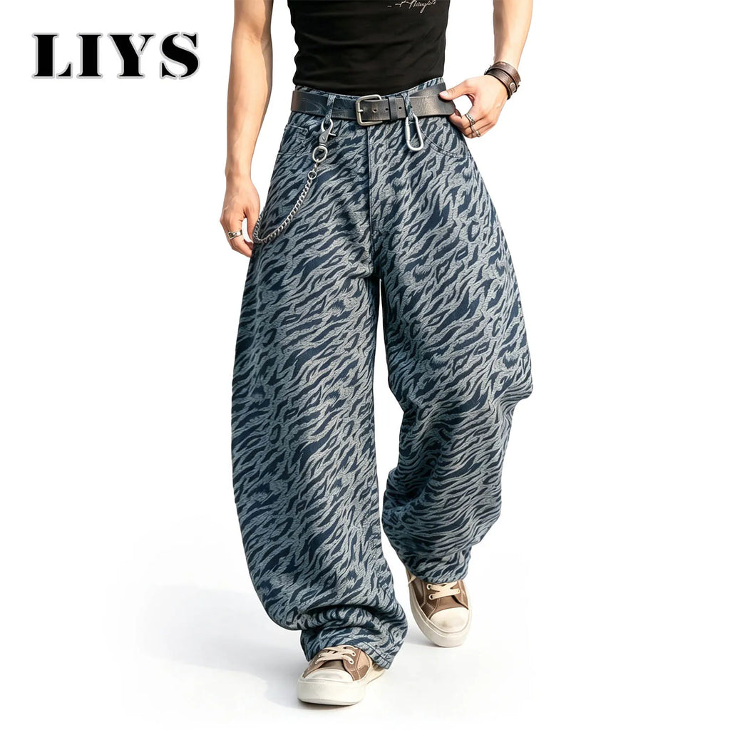 LIYS Men's American Retro Zebra Print High Street Casual Fashion Versatile Slimming Loose Oversized Wide Leg Pants Street Style