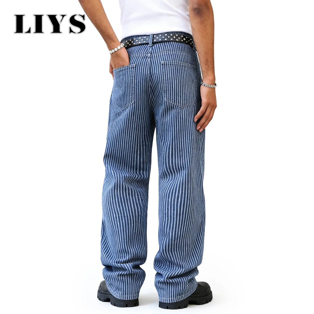 LIYS Men's American Fashion Brand Classic Retro Striped High Street Casual Lazy Business Wide Leg Straight Leg Jeans Oversized