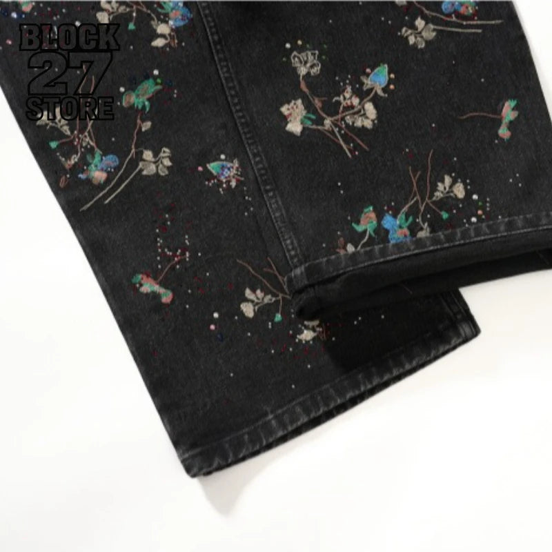 Hip Hop Vintage Floral Embroidered Jeans Unisex Y2k Streetwear High Street Loose Wide Leg Denim Pants Casual Harajuku Trousers
