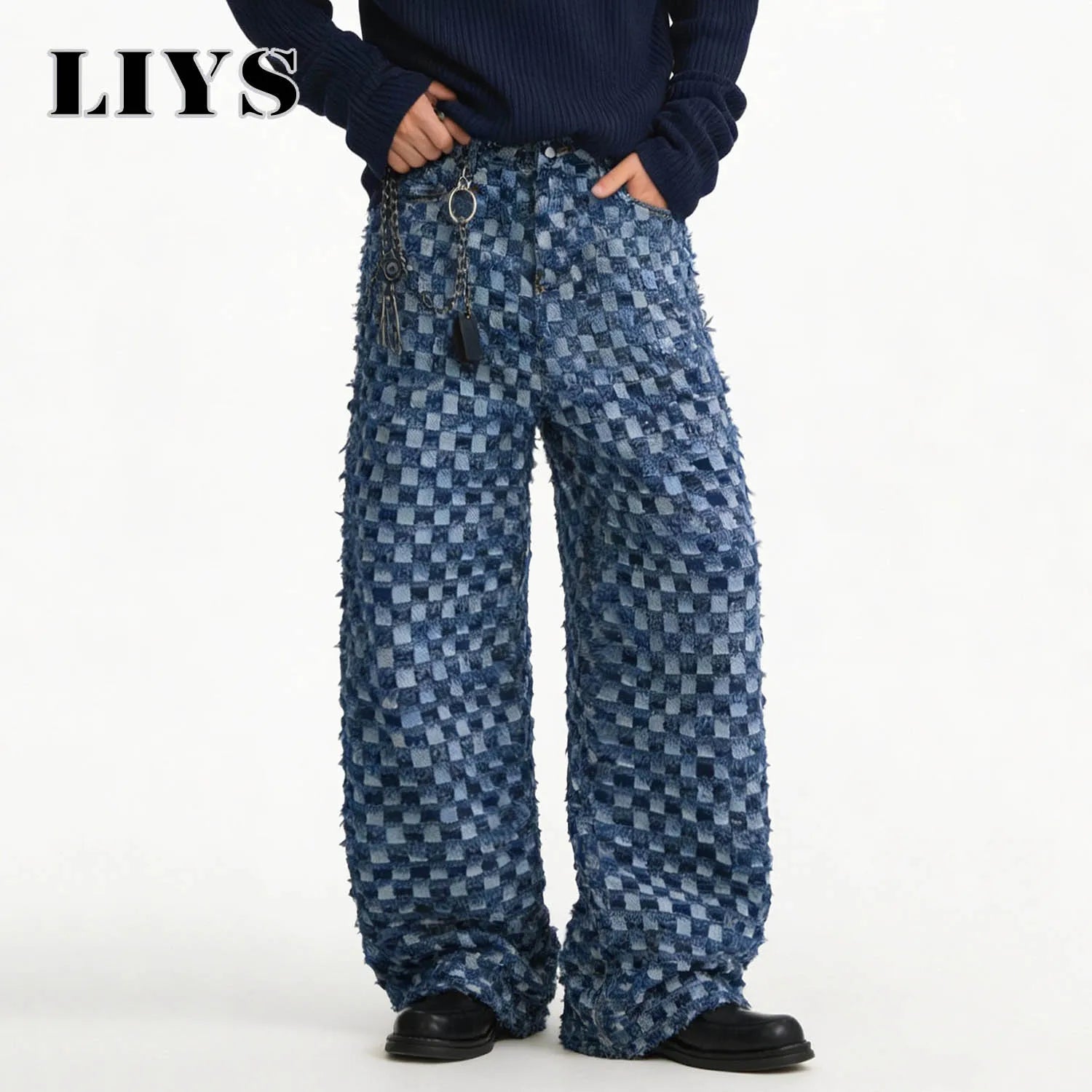 LIYS Japanese Korean Style Checkerboard Jacquard Baggy Wide-leg Jeans Trend Jacquard Casual straight leg Denim Pants Unisex