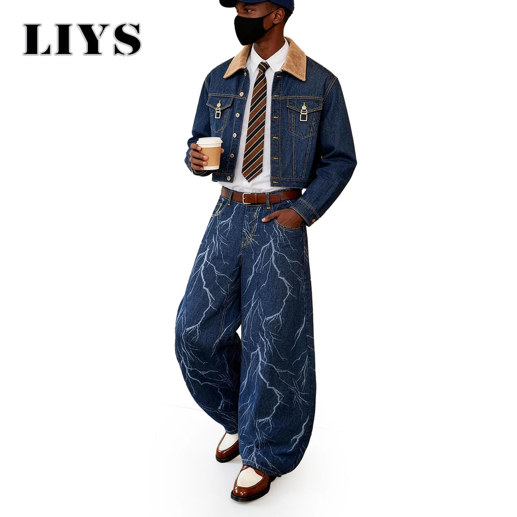 LIYS American Retro Blue Jacquard Baggy Machete Wide-Leg Jeans Daily High Street  Couple Balloon Denim Pants Casual Lantern Pant