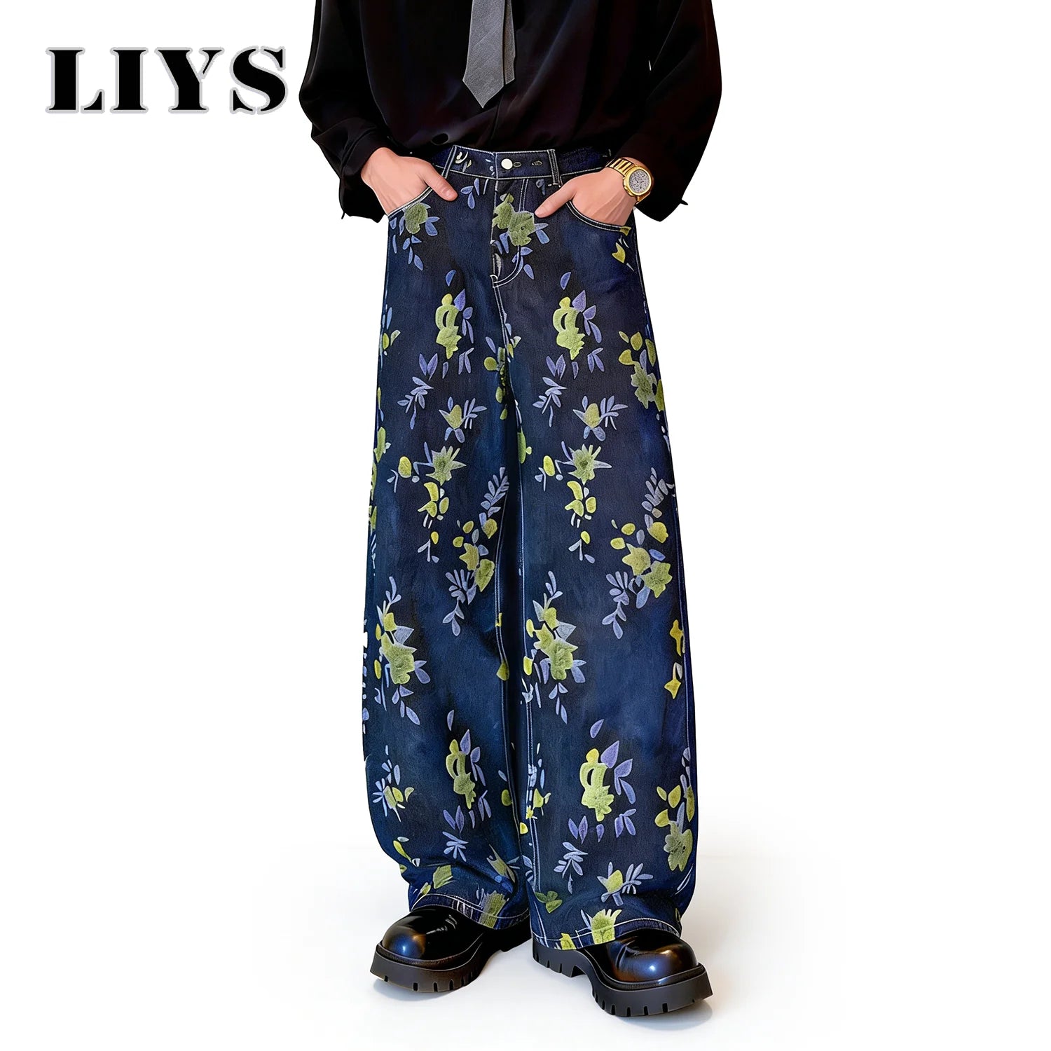 LIYS Japanese-Korean Style Floral Jacquard Fabric Baggy Wide-leg Jeans American Retro Floral Jacquard Fabric Wide-leg Denim Pant