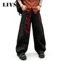 LIYS American Retro Color-blocked Embroidered Baggy Wide-leg Jeans New Japanese Korean Style Embroidered Wide-leg Denim Pants