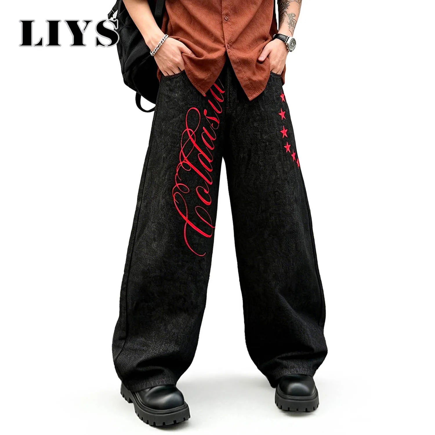 LIYS American Retro Color-blocked Embroidered Baggy Wide-leg Jeans New Japanese Korean Style Embroidered Wide-leg Denim Pants