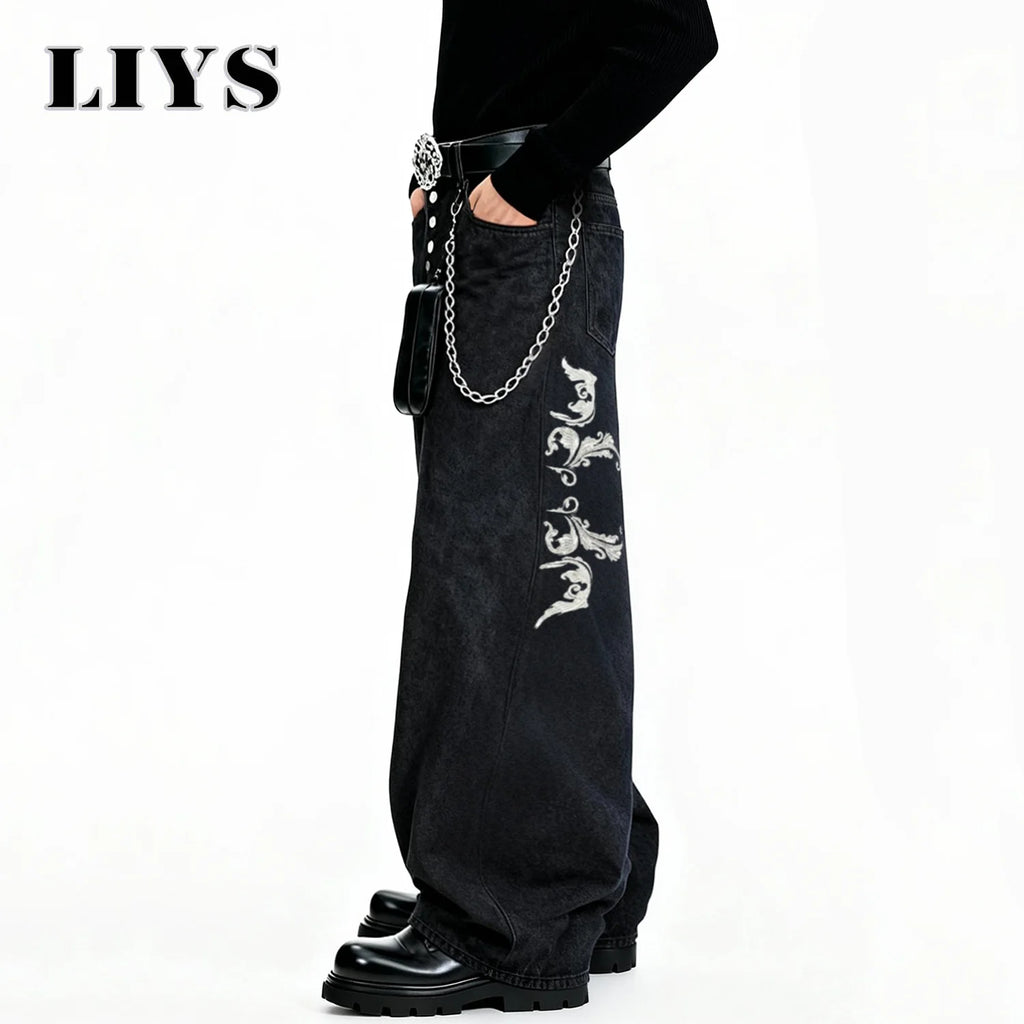 American Retro Street Men's Baggy Wide Leg Jeans Angel Wings Embroidery Button Hip-Hop Bad Boy Charm Loose Denim Pants Clothes