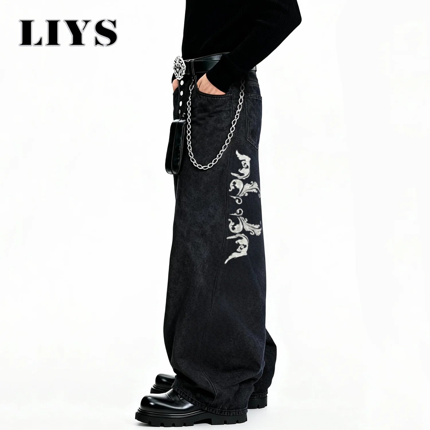 American Retro Street Men's Baggy Wide Leg Jeans Angel Wings Embroidery Button Hip-Hop Bad Boy Charm Loose Denim Pants Clothes