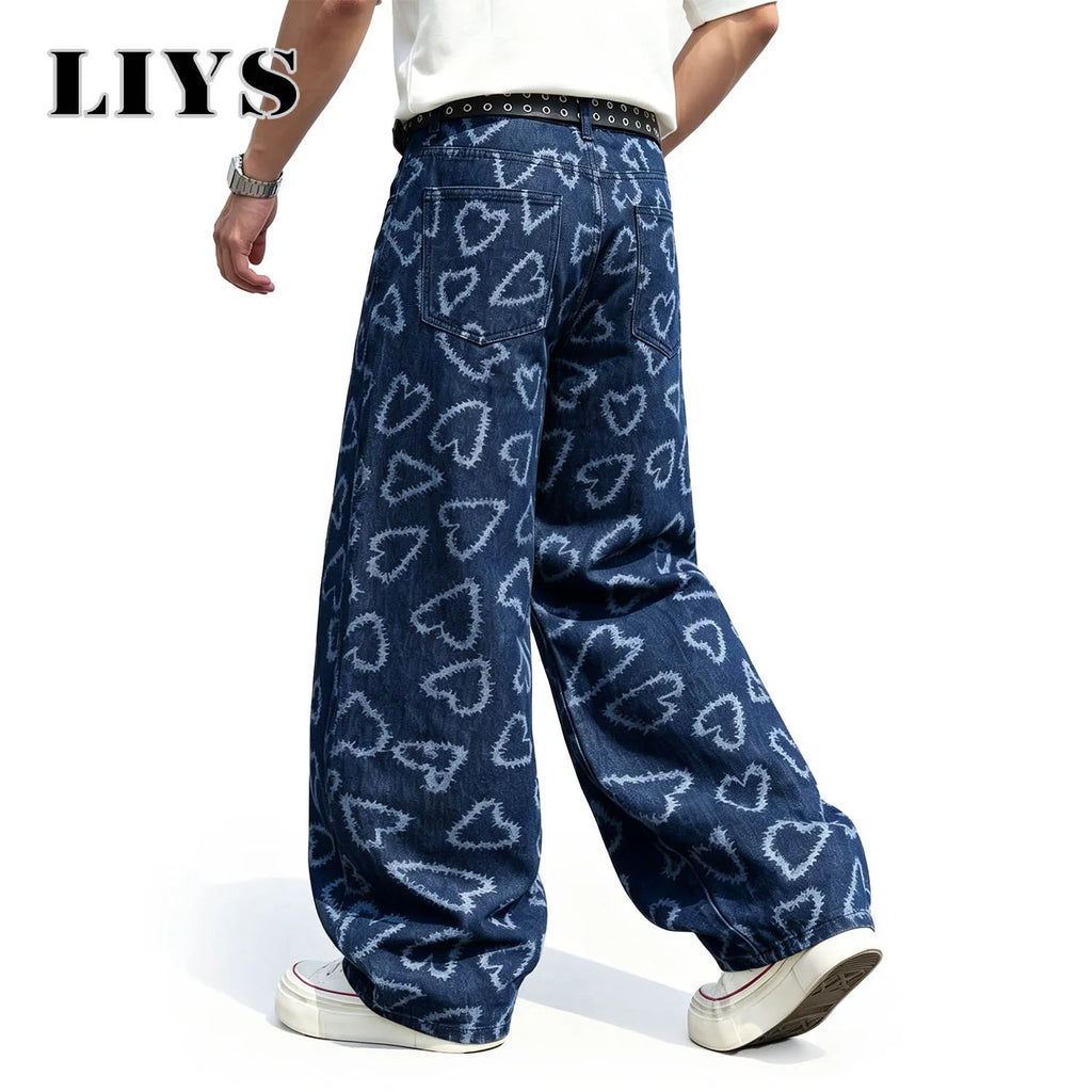 LIYS Men's American High Street Fashion Blue and White Contrast Love Printed Loose Straight Tube Handsome Y2K Wide Leg Jeans