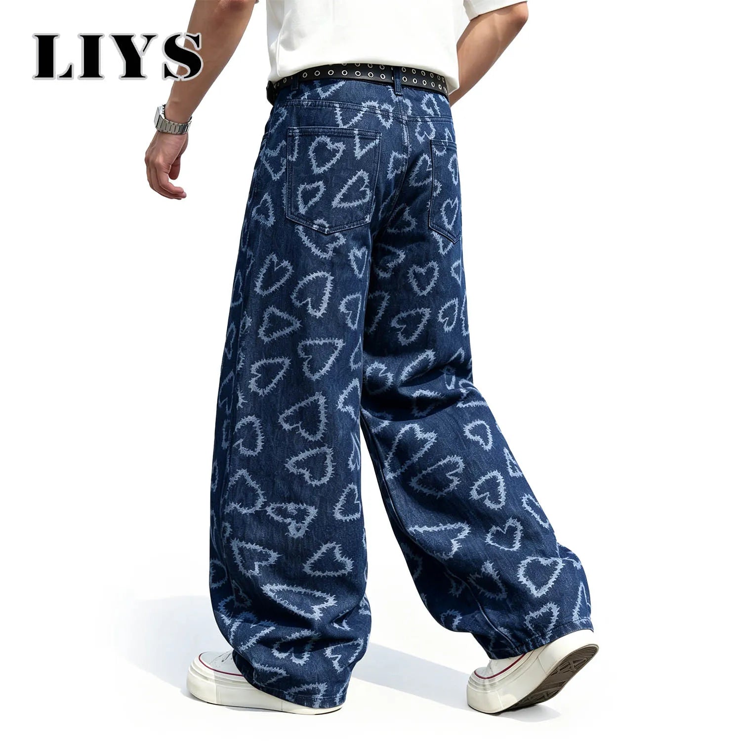LIYS Men's American High Street Fashion Blue and White Contrast Love Printed Loose Straight Tube Handsome Y2K Wide Leg Jeans