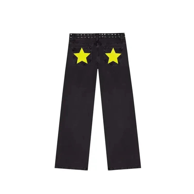 Mens Jeans Gothic Five Pointed Star Sequined Rivet Baggy Denim American Fashion Casual Mid Rise Slim Trousers Harajuku Style New