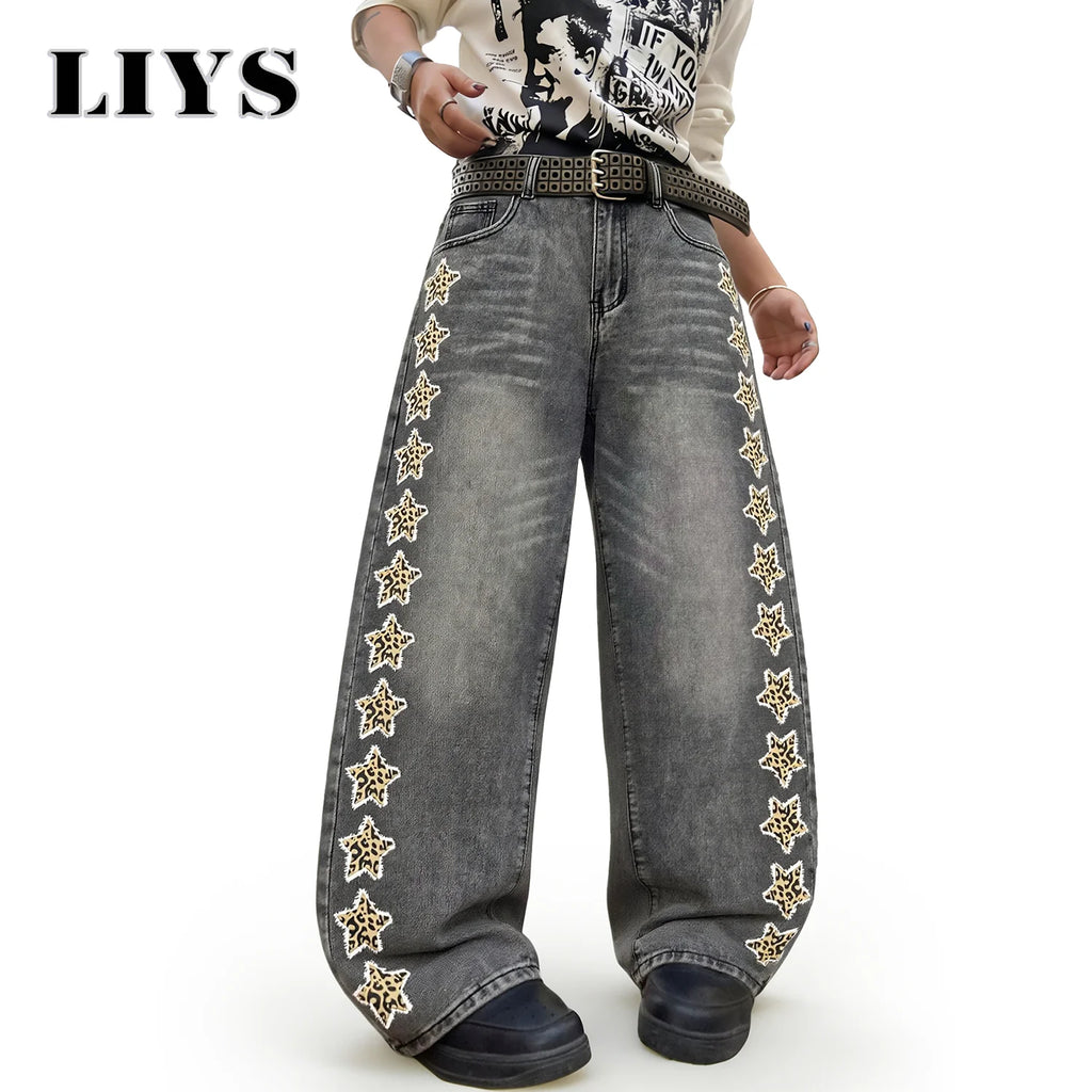 LIYS American Fashion Camouflage Pentagram Printed Jeans KoreanStyle Retro Street Trendy Baggy Wide Leg Casual Denim Pants  ﻿