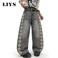LIYS American Fashion Camouflage Pentagram Printed Jeans KoreanStyle Retro Street Trendy Baggy Wide Leg Casual Denim Pants  ﻿