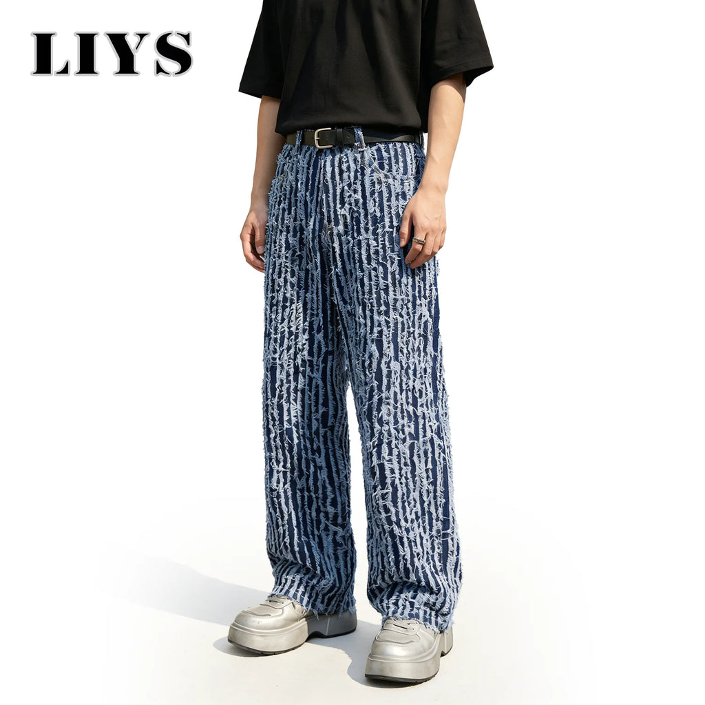 LIYS Japanese-Korean Jacquard Dark Blue Stripes Tassels Ultra Baggy Wide-leg Jeans Stylish Jacquard Baggy Wide-leg Denim Pants