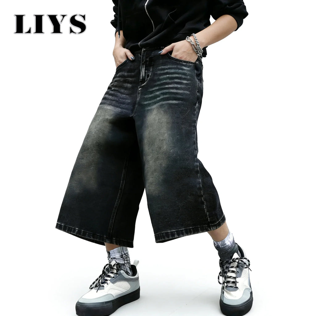 LIYS American Retro Classic Black Ultra Baggy Wide Leg Men's Denim Shorts Spring Summer Casual Oversized Jeans Men's Clothes