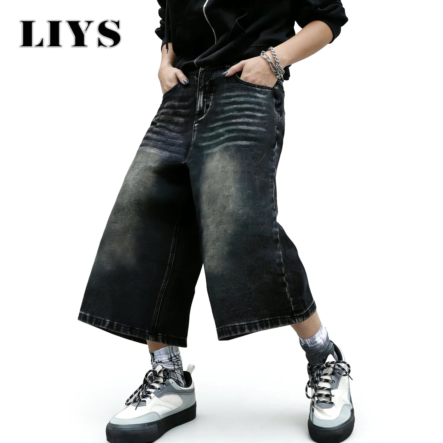 LIYS American Retro Classic Black Ultra Baggy Wide Leg Men's Denim Shorts Spring Summer Casual Oversized Jeans Men's Clothes