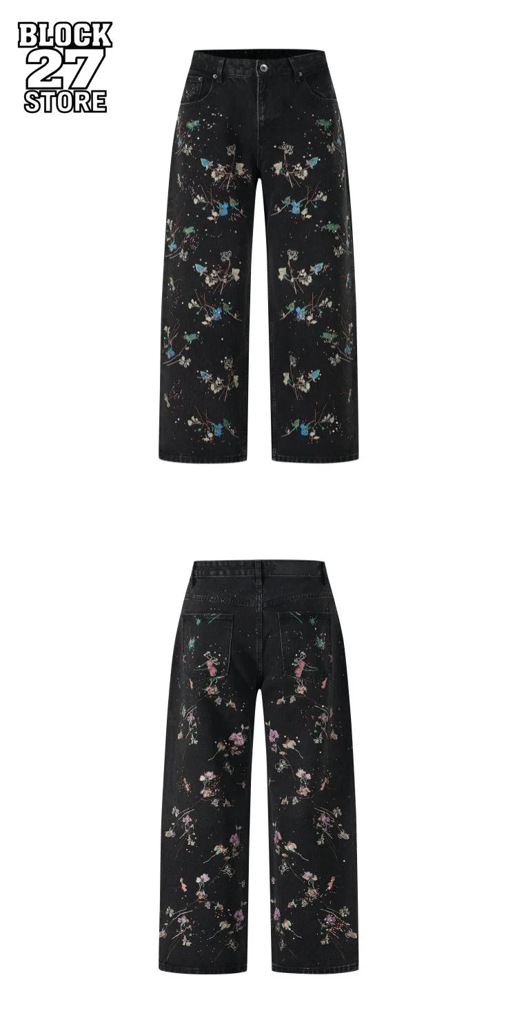Hip Hop Vintage Floral Embroidered Jeans Unisex Y2k Streetwear High Street Loose Wide Leg Denim Pants Casual Harajuku Trousers