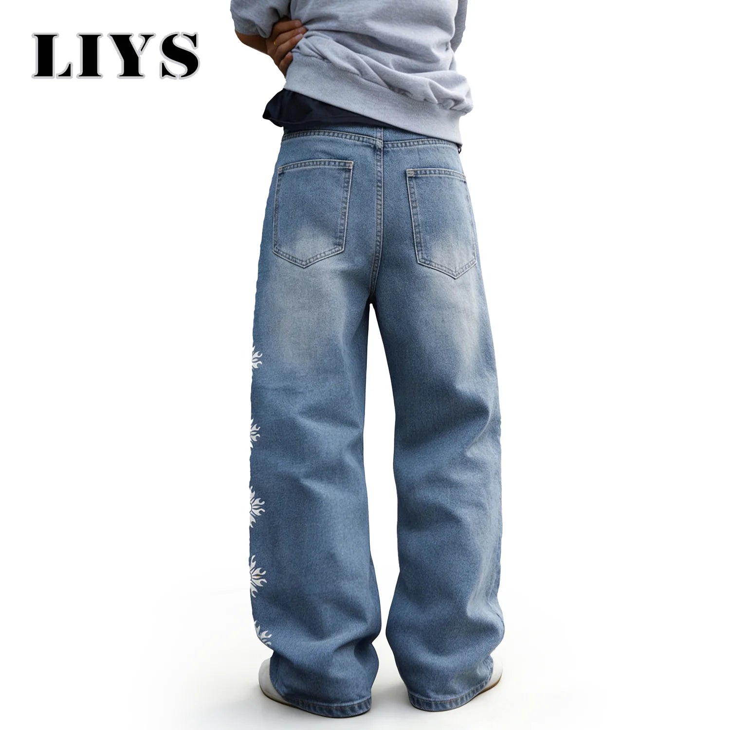 LIYS American Streetwear Floral Pattern Printed Baggy Wide-Leg Men's Jeans Simple Washed Light Blue Casual Denim Pants Unisex