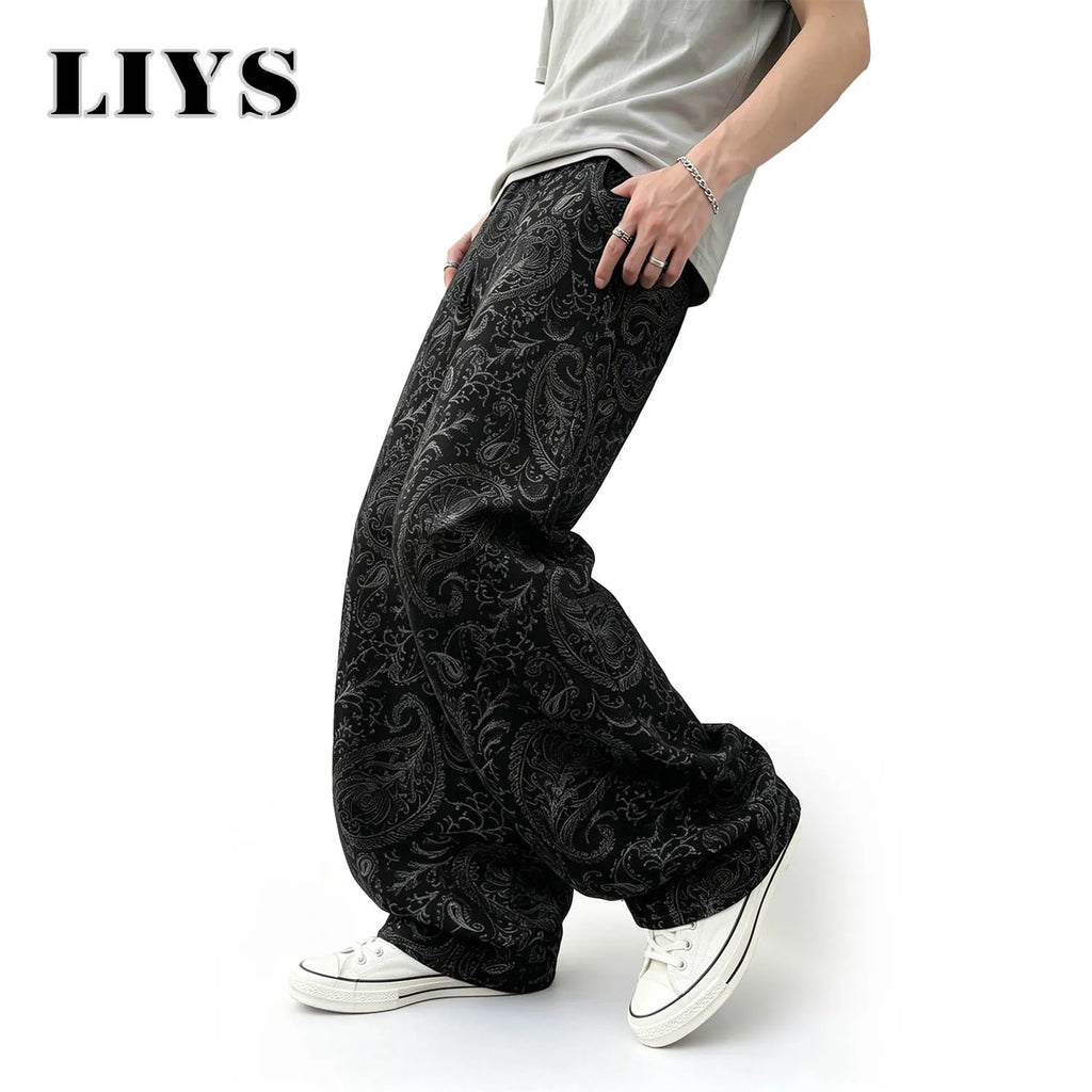 LIYS Men's American Trendy Brand Dark Cashew Flower Full Print Jeans Loose Oversize High Street Loose Straight Tube Casual