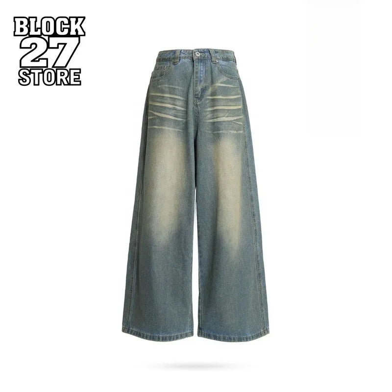 Mens Jeans Harajuku Vintage Washed Pocket Design Straight Denim Pants High Waist Loose Wide Leg Floor Length Trousers Casual New