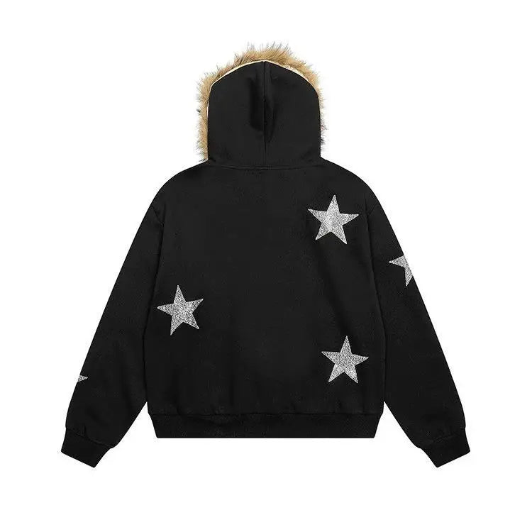 American Vintage Star Rhinestone Zip Up Hoodie Women Men Fur Collar Detachable Design Loose Winter Warm Y2K Streetwear Jacket