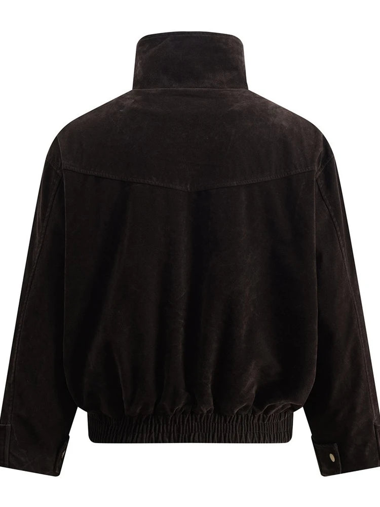 Jackets for Man Streetwear American Workwear Jacket Solid Color Stand Collar Asymmetrical Zipper Design Autumn Clean Fit Fashion