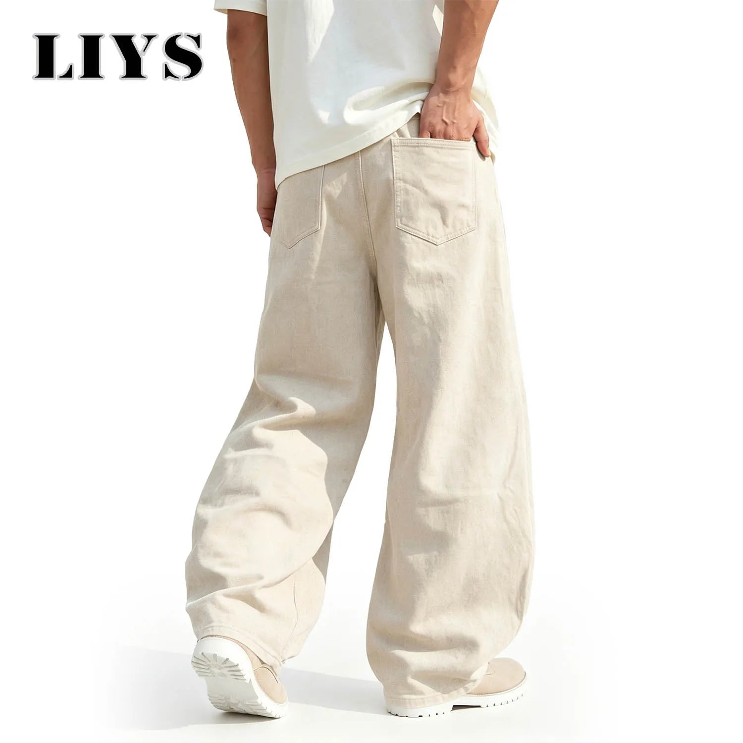 LIYS Men's American Beige Loose Wide Leg Jeans High Waisted Streetwear Hip-Hop Fashion Loose Denim Pants Y2K Retro Casual Pants