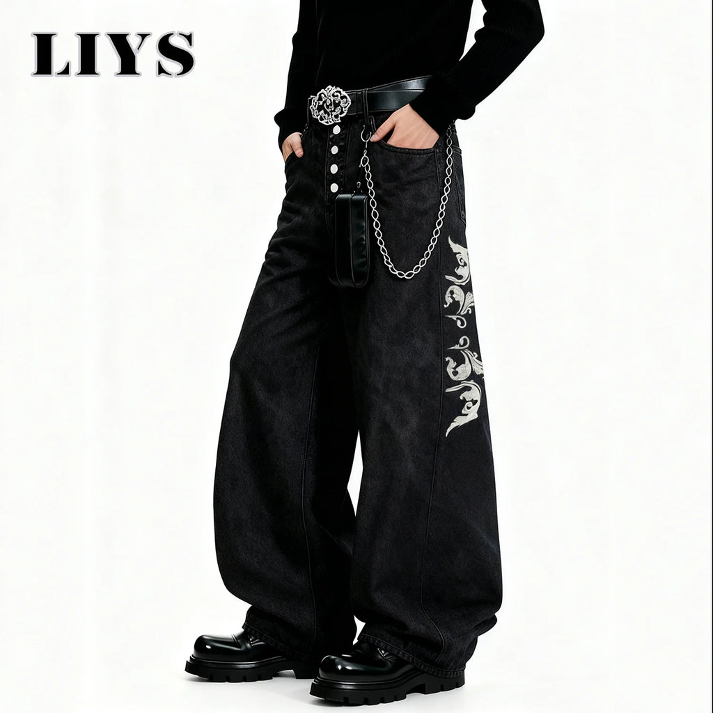 American Retro Street Men's Baggy Wide Leg Jeans Angel Wings Embroidery Button Hip-Hop Bad Boy Charm Loose Denim Pants Clothes