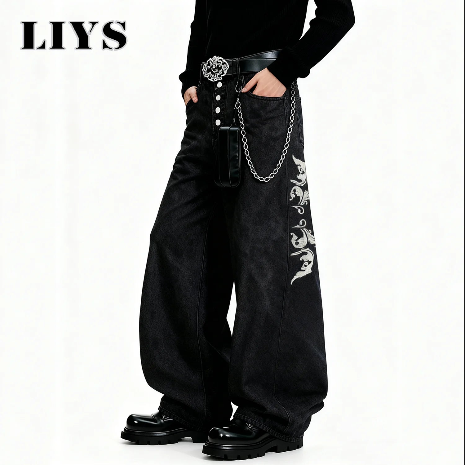 American Retro Street Men's Baggy Wide Leg Jeans Angel Wings Embroidery Button Hip-Hop Bad Boy Charm Loose Denim Pants Clothes