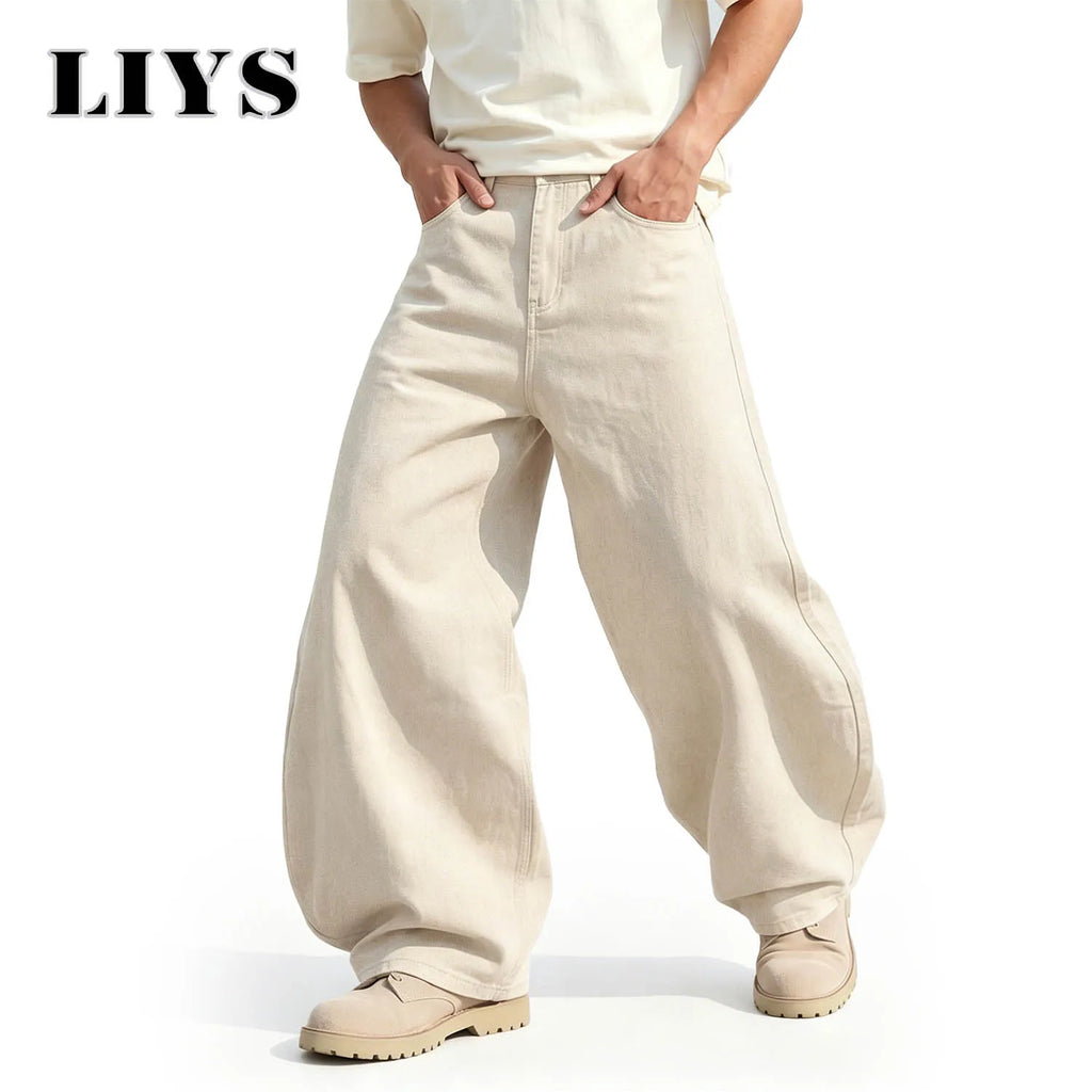 LIYS Men's American Beige Loose Wide Leg Jeans High Waisted Streetwear Hip-Hop Fashion Loose Denim Pants Y2K Retro Casual Pants