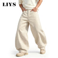 LIYS Men's American Beige Loose Wide Leg Jeans High Waisted Streetwear Hip-Hop Fashion Loose Denim Pants Y2K Retro Casual Pants