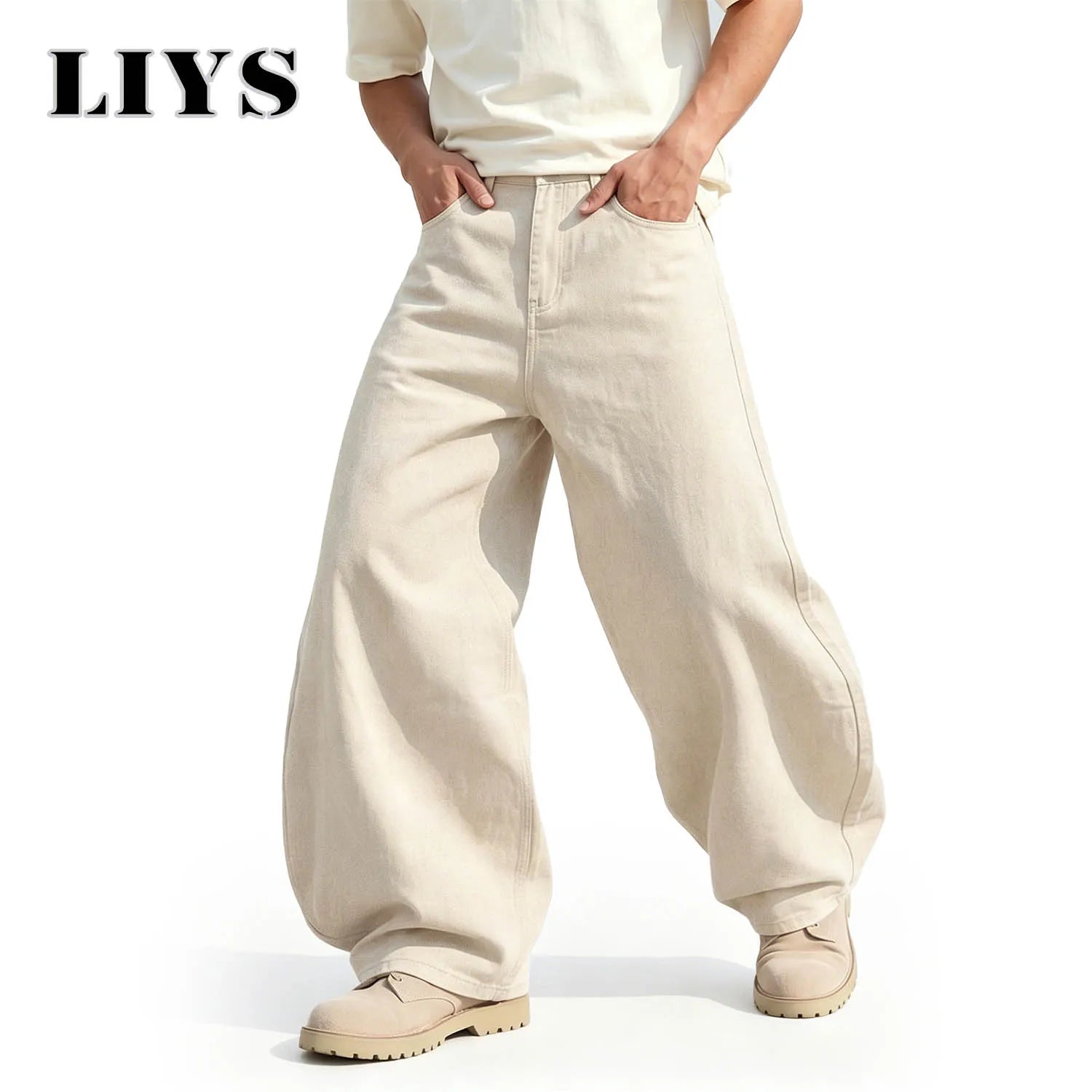 LIYS Men's American Beige Loose Wide Leg Jeans High Waisted Streetwear Hip-Hop Fashion Loose Denim Pants Y2K Retro Casual Pants
