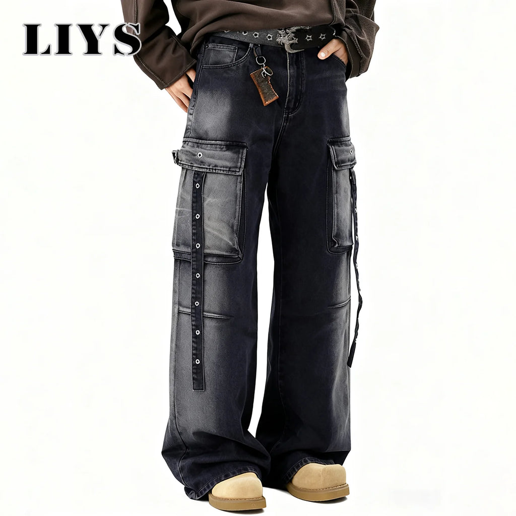 American Retro High Street Black Gray Baggy Wide Leg Men's Jeans Multiple Pockets Heavy-Duty Washed Workwear Denim Pants Unisex