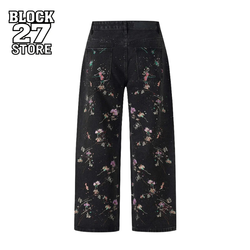 Hip Hop Vintage Floral Embroidered Jeans Unisex Y2k Streetwear High Street Loose Wide Leg Denim Pants Casual Harajuku Trousers