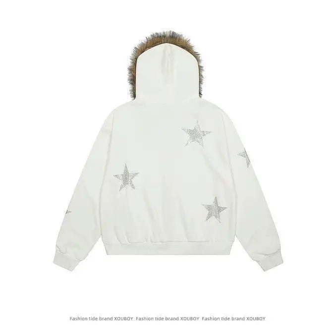 American Vintage Star Rhinestone Zip Up Hoodie Women Men Fur Collar Detachable Design Loose Winter Warm Y2K Streetwear Jacket