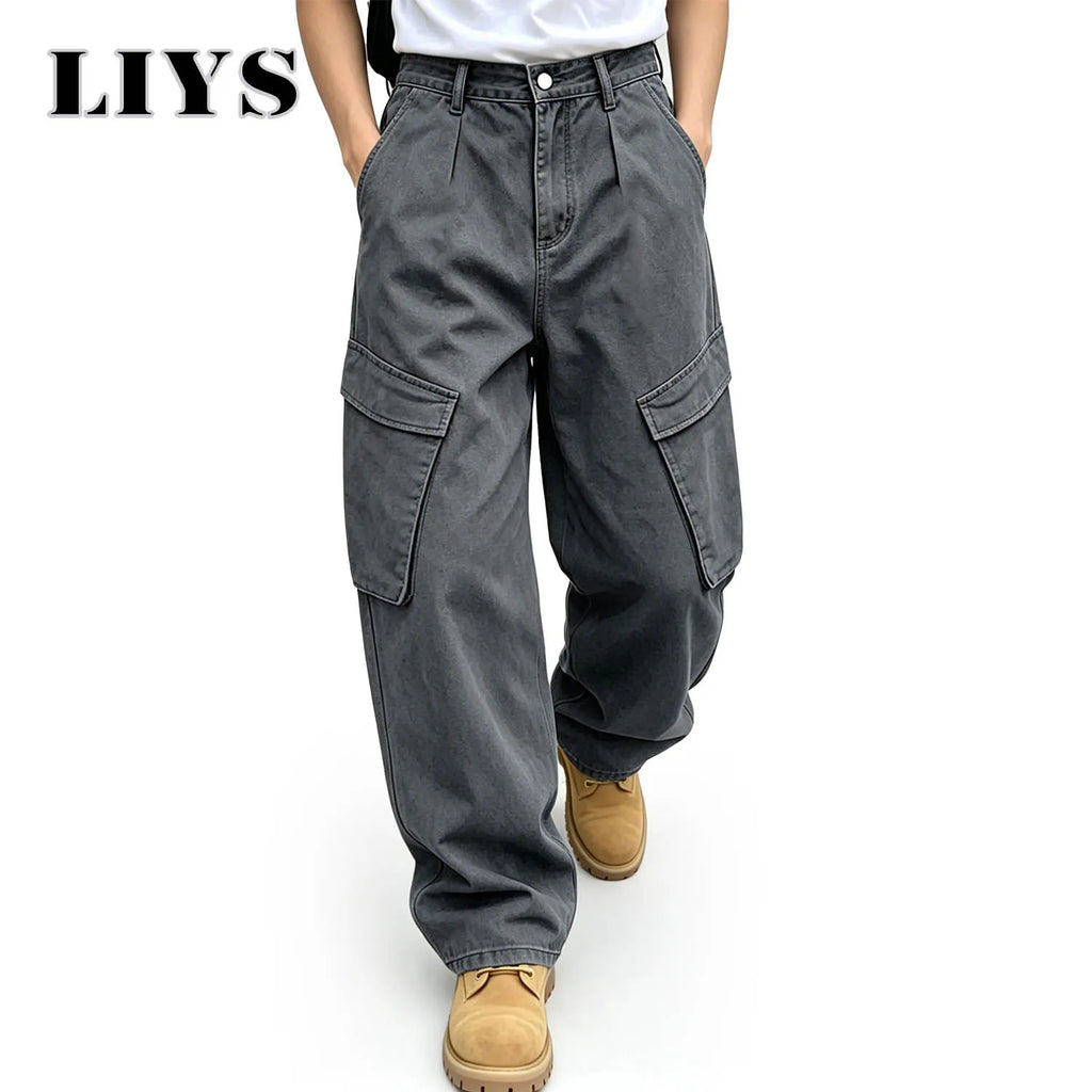 LIYS Men's American Fashion Brand Minimalist Retro High Street Gray Toned Workwear Washed Jeans Loose Wide Leg Straight Tube