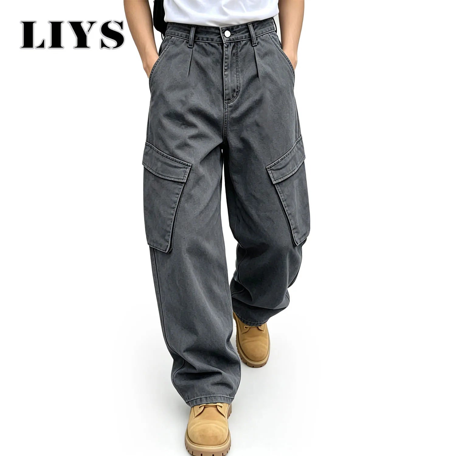 LIYS Men's American Fashion Brand Minimalist Retro High Street Gray Toned Workwear Washed Jeans Loose Wide Leg Straight Tube