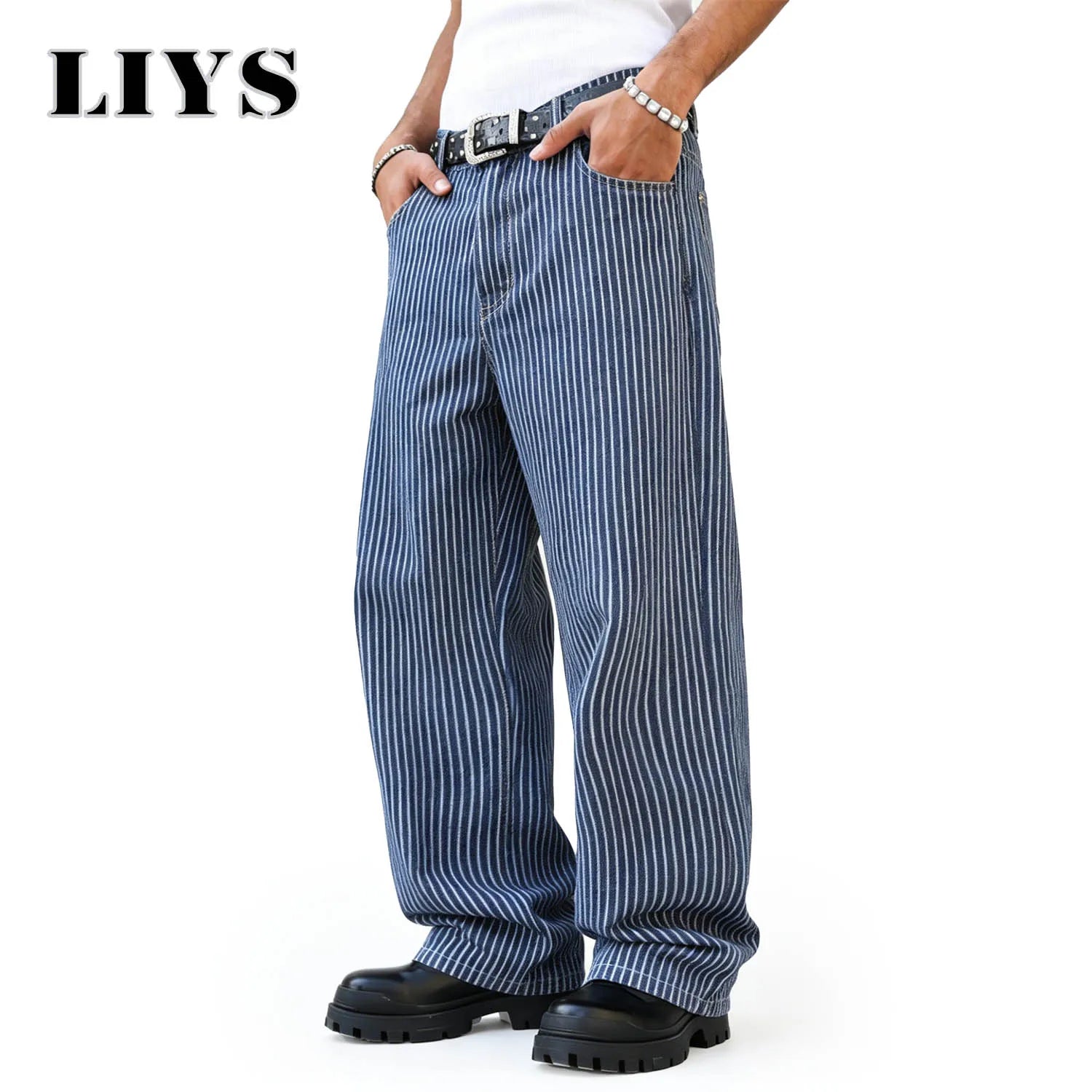 LIYS Men's American Fashion Brand Classic Retro Striped High Street Casual Lazy Business Wide Leg Straight Leg Jeans Oversized