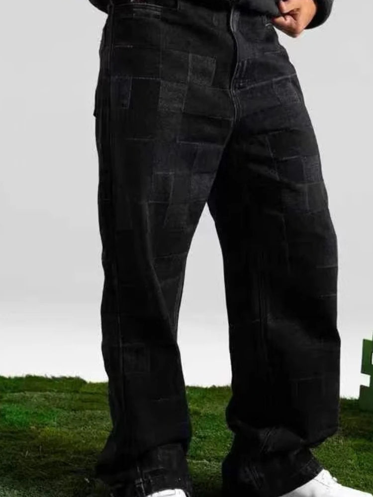 Mens Jeans Harajuku American High Street Streetwear Premium Wide Leg Denim Pants Straight Fit Spring Summer Plaid Casual Unisex
