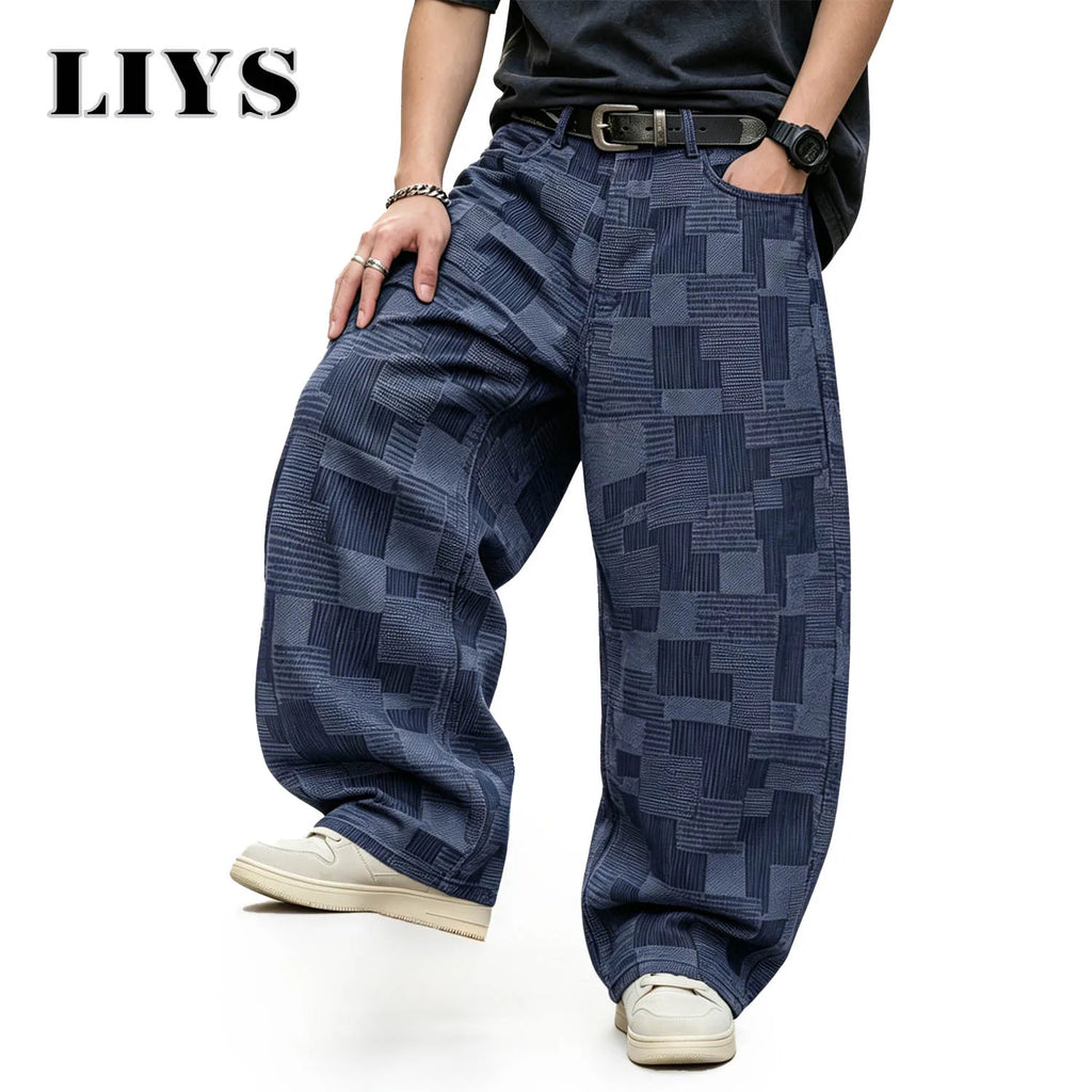 LIYS Men's Four Seasons American Fashion Geometric Block Printed Casual High Street Handsome Retro Look Thin Wide Leg Pants