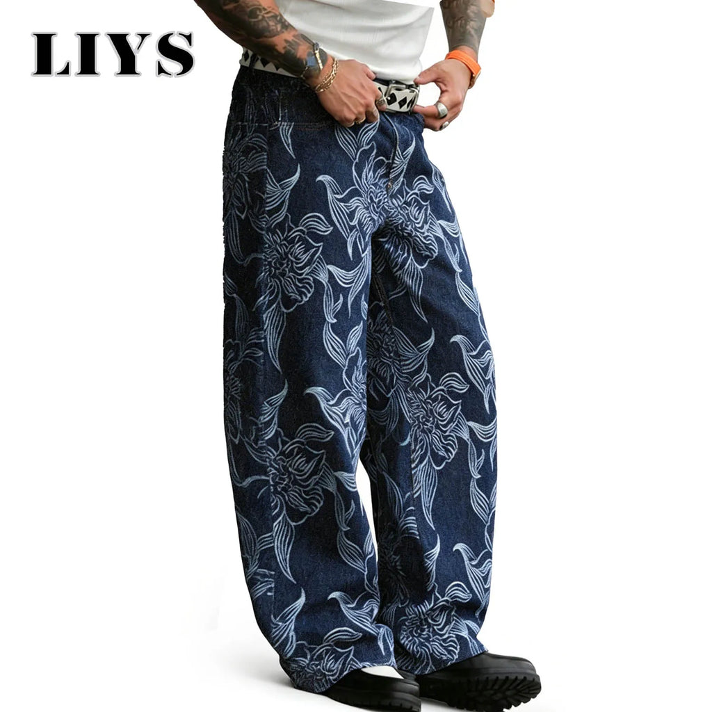 LIYS Men's American Trendy Brand Retro Printed High Street Lazy Leisure Loose Fashion Straight Tube Show Thin Wide Leg Pants