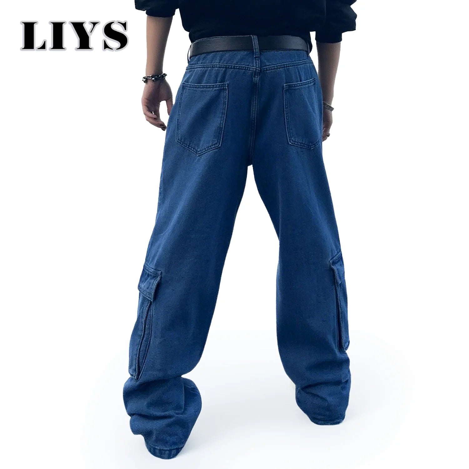 LIYS Men's Cargo Multi Pocket Workwear Jeans Solid Color Baggy Straight Leg Denim Pants Baggy Jeans Man Work Clothes Goth Pants