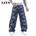 LIYS Men's American Fashion Trendy Brand Ink Dyeing Printed Wash Straight Tube Loose Oversize Denim Casual Street Cool Y2K Style