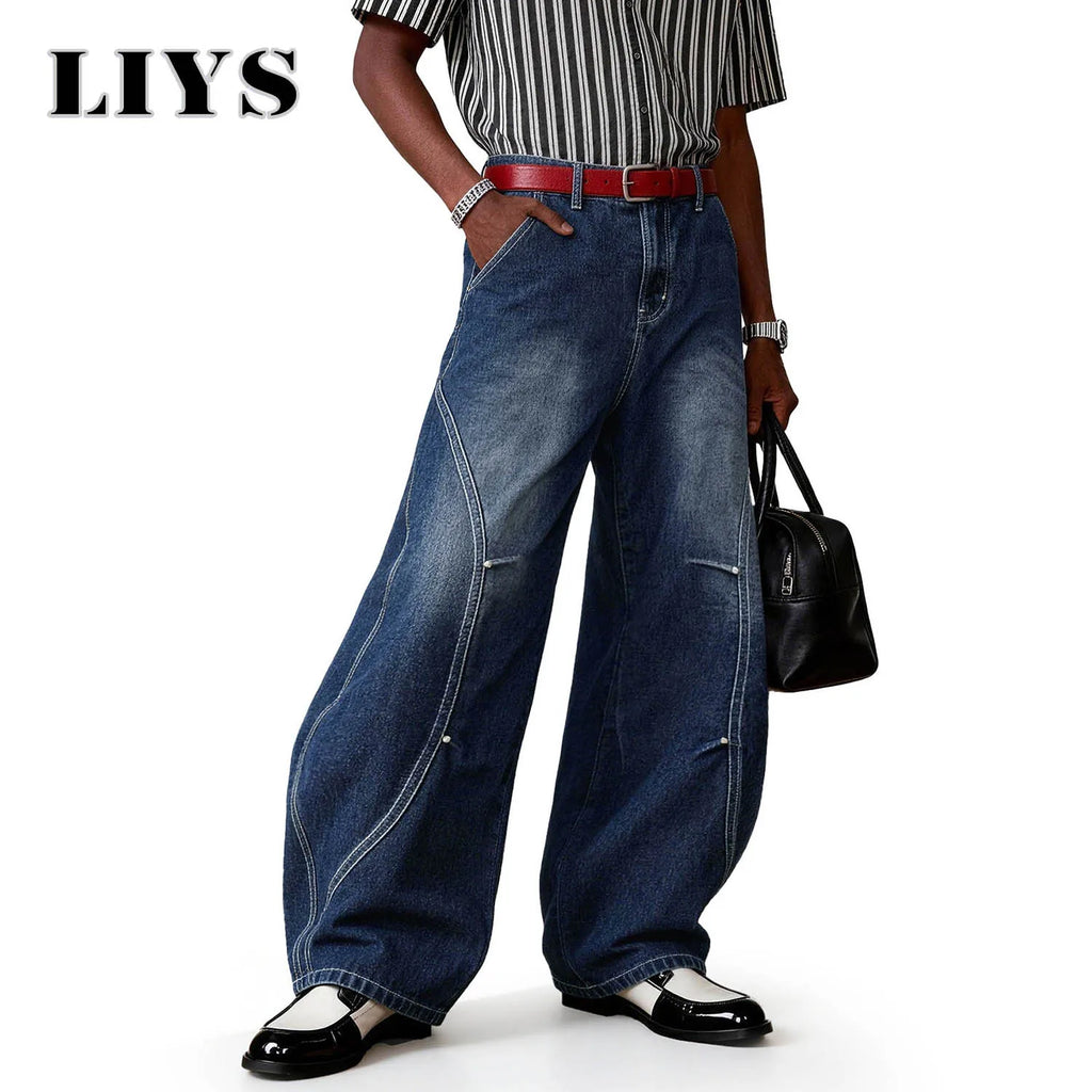 LIYS American Blue Splicing Ultra Baggy Wide Leg Jeans Spring Summer Retro Mid Split Rivet Denim Pants Lantern Balloon Pants ﻿