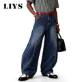 LIYS American Blue Splicing Ultra Baggy Wide Leg Jeans Spring Summer Retro Mid Split Rivet Denim Pants Lantern Balloon Pants ﻿